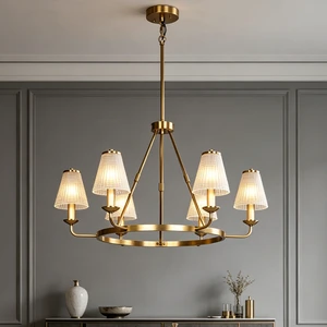 Modern Luxury 6-Light Gold Copper Chandelier Ribbed Glass Shades LED 6000K Daylight Nordic Style Concealed Pendant Light