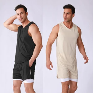 Men's Sleeveless 2 Pieces Outfits Tank Tops Tracksuit Short Sleeve Men's Workout Tank Tops Gym 2 In1 Mesh Sports Shorts Set