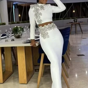 2025 Early Autumn Casual New Neck Long-Sleeved Short Top Long Skirt Three-Dimensional Set Diamond Flower Bandage Suit