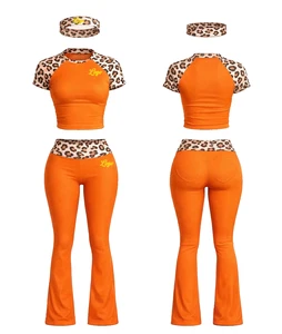 Leopard Print Loungewear Women Set Custom Logo Women Summer Clothing Short Sleeve With Long Women Flared Pants Set