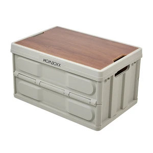 Custom Logo Foldable Outdoor Camping Storage Box With Wood Lid Large Capacity Plastic Deck Box Car Trunk Organizer With Dividers