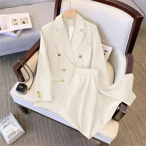 New Women Slim Formal Suit Lined Long Sleeve Pocketed Blazer + Long Wide Leg Pants Set Mid East Lady Autumn Spring Formal Suit