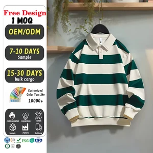 Custom High Quality Vintage Men's Y2k Casual Sweatshirt Oversized Cotton Green Striped Rugby Polo Button Long Sleeve Polo Shirt