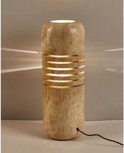 Luxury travertine stone table lamp with carved groove design warm ambient glow modern decor accent for bedside living room