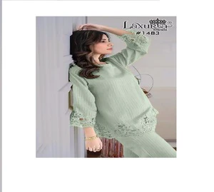 Popular Pastel Green Embroidered Co Ord Set Stylish Lace Detailing & Flared Sleeves for Woman