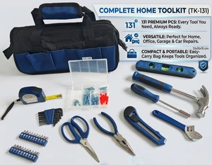 Blue 131PCS General Hand Tool Set with Canvas Carry Bag All-in-One Portable Home Repair Maintenance Hardware Tools Kit