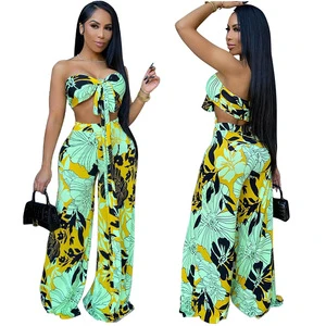 Hot Sale Hot-selling Floral-print Tube Top Wide Leg Pants Suit Casual Slim Fit Tied Midriff Outfit Two-piece Set