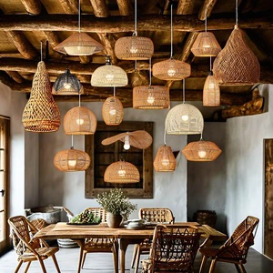 Modern Nordic Wabi Sabi Japanese Handwoven Natural Weave Rattan Bamboo Wicker Hanging Ceiling Pendant Light Lampshade Chandelier