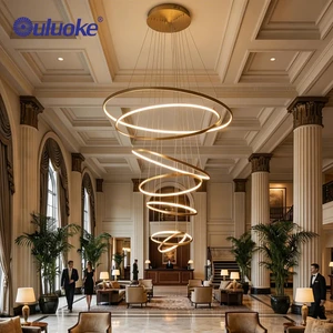 Luxury Modern Iron Aluminum Silicone Multi-Ring Brush Gold Villa Duplex Staircase LED Pendant Light