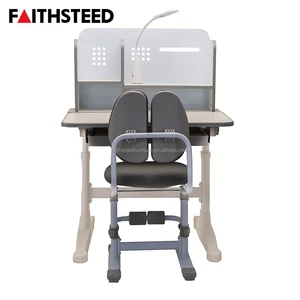 Grey Mobile Adjustable Height Student Desk and Chair Set Modern School Furniture with Bookshelf LED Lamp and Large Storage