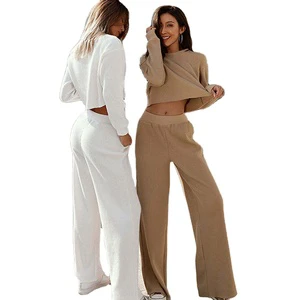 Custom Women's Plus Size Eco-Friendly Breathable Casual Solid Waffle Knit Seamless 2-Piece Sweatshirt Lounge Set With Pockets