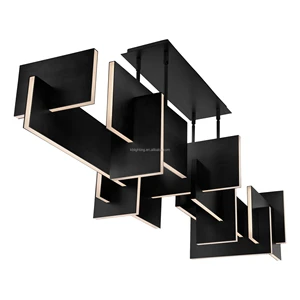 Modern America Style LED Linear Ceiling Hanging Light Black Gold Finish Rectangle Geometric Chandelier For Living Room Kitchen