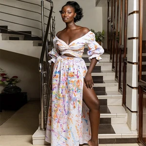 Summer New Fashion Cross-Border Women's V-Neck Printed Horn Sleeve Top Long Split Skirt Suit Digital