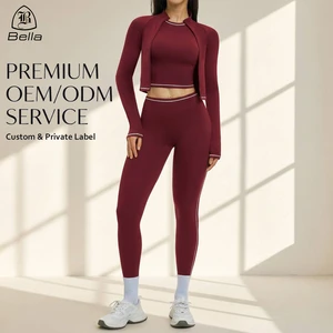 Ropa Deportiva Dama Custom Fitness Clothing Women Color Block Gym Wear Long Sleeve Jackets Crop Tops 3 Piece Yoga Leggings Sets