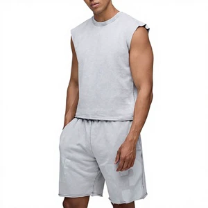 Men's Sleeveless T-Shirt Set Solid Color 100% Cotton Knitted Crew Neck Casual Summer Wear Breathable Lightweight Shorts Sets