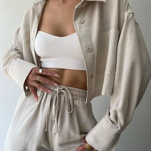 Enyami S-2xl Custom Logo Woven Fabric Co Ords Set Lapel Long Sleeve Shirts Trouser Suits Straight Pants 2 Pieces Matching Suits
