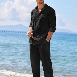 2025 Fashion Men's Cotton Linen Sets Full Sleeve Shirt and Pants Set Solid Beach Outfits Wholesale Mens Two Piece Set