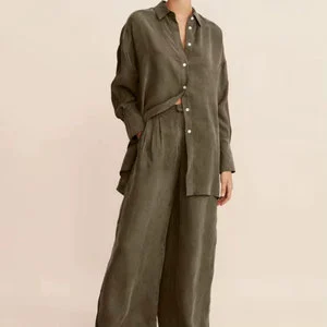 Custom Oversized Fit Collared Neckline Centre Front Contrast Buttons Long Cuff Detail Side Splits 100% Cupro Shirt and Pants Set