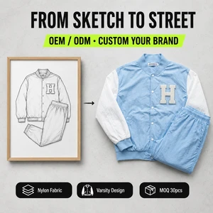 OEM Custom Mens Pastel Blue Tracksuit Contrast Sleeve Nylon Windbreaker Jacket Collage Style Chenille Letters Jogger Set Factory