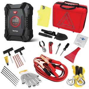 44-Piece Premium Roadside Assistance Kit 12V Portable Compressor Jumper Cables First Aid Kit Snow Shovel Emergency Light-CE
