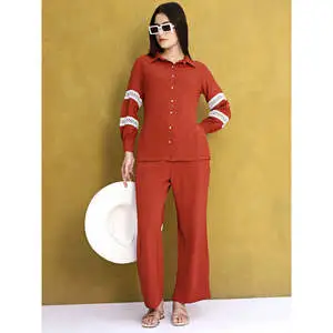 Lightweight Solid Majestic Orange Co-Ord Set Voluminous Sleeve Shirt Knee Pants Featuring Stand Elegant Lace Inserts Breathable
