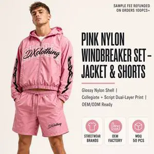 Custom Technical Shell Windbreaker Shorts Set Manufacturer | Pink Cropped Full Zip Jacket | Tribal Sleeve Graphic Atelier Series