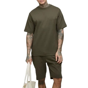 Men's Solid Color Crew Neck Knitted T-Shirt Shorts Set Summer Casual Breathable 100% Cotton Short Sleeve Outfit