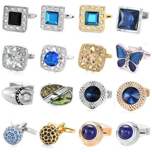 Copper Alloy Gold Plated Round Shape Blue Crystal Cuff Link Classical Luxury Accessories Shirt French Cufflinks