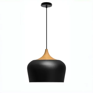 Custom Wholesale Nordic Mushroom Iron Matten Black Hanging Light Modern Faux Wood Texture Neck Single Head Suspension Light
