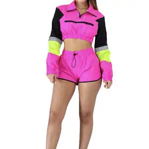 Women Y2K Color Blocking Tracksuit Set Full Sleeve Half-Zip Crop Top With Shorts Quick Dry Polyester Summer Casual Wear