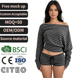 Women Grey Striped Off Shoulder Long Sleeve Crop Top Low Waist Drawstring Shorts Two Piece Set Y2K Streetwear Lounge Outfit