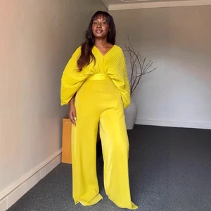 Women Sets Fashion Suit 2025 New Female V-neck Bat Sleeve Chiffon Top Crimped Wide Leg Pants Two Piece Set