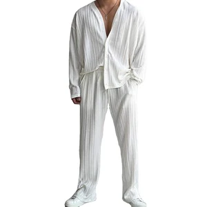 Fashion Pleated Co Ord Suit Lounge Wear Flare Sleeve Blouse Mens Outfits Casual Plisse Loose Pants Matching Set
