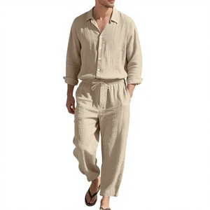 Cross-Border Independent Site Summer Men's Casual Loose Beach Sun-Protective Long-Sleeve Set with Rhinestone