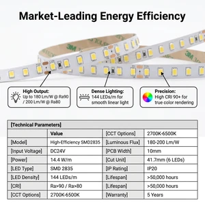 Premium 180Lm/W LED Strip Light 24V SMD 2835 144LEDs/m High Brightness Flexible LED Light Strip For Linear Lighting