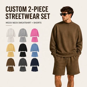 Custom 350gsm Heavyweight Mock Neck Sweatshirt Shorts Set Blank Men Streetwear Fleece Two Piece Shorts Set With Logo
