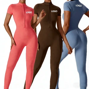 YQ Zipper Nude Short Sleeve Yoga One Piece Set Sports Roper High Strength Fitness Sports Bodysuit for Women