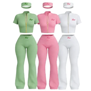 Custom Logo Gym Y2K Fitness Workout Set Full Zip Up Jacket Flared Yoga Leggings Matching Headband 3 Piece Women Activewear Sets