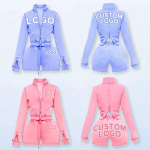 Oem New Trending Stand Collar Zip Up Crop Top Jacket Custom Logo Vintage Acid Wash Two Piece Shorts & Hoodie Set For Women