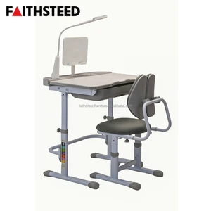 Single Student Desk and Chair Set Adjustable Height Ergonomic Dual Backrest Chair with Bookshelf and LED Lamp for Home Study