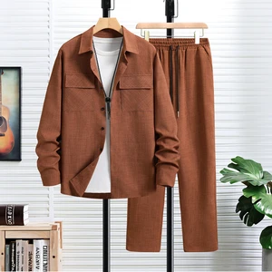 Men's Smart Casual Woven 2-Piece Set Fashionable commuter Suit Lapel Collar Long-Sleeved Shirt Casual Pants Outdoor Sports