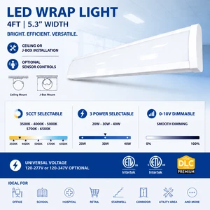 4FT LED Wrap Light 5CCT & 3 Wattage Selectable Low Profile Linear Ceiling Light with Optional Sensor