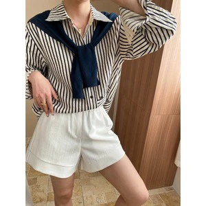 Artistic Wrong Visual Stitching Design Loose Striped Shirt Two-Piece Suit With a Shawl Sn7214