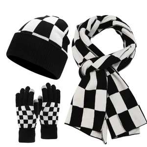 Winter Three-Piece Set Men's And Women's Plaid Style Cold Knit Cap Gloves Long Scarf-Double Thickening Acrylic