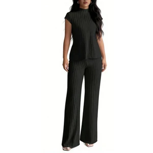Women's Ribbed Turtleneck Short-Sleeve Top & Wide-Leg Pants 2 Piece Set - Casual Formal Co-ord Sehe Fashion