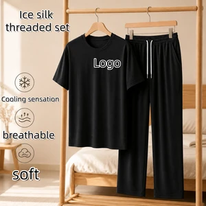 2026 Summer New Ice Silk Ribbed Short-Sleeve Suit for Men, Customizable Logo Casual Sportswear, Couple Outfit, Unisex Style