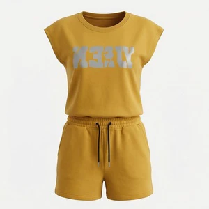 Women's 2 Piece Knitted Set Sleeveless T Shirt and Above Knee Shorts Casual Letter Printed Solid Yellow Cotton Outfit Spring