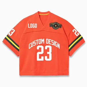 Custom Heavy Cotton V Neck Drop Shoulder Tshirts Long Sleeve Tshirt Knit Sport Football Jersey Sweater T-Shirt Men Knit Jersey