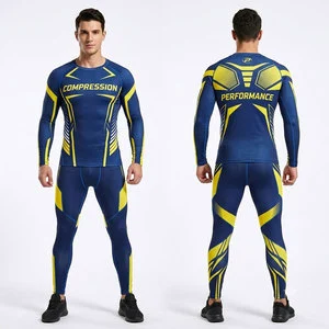 Men Full Sleeve Compression Rash Guard Set Blue Yellow Heat-Transfer Print Quick Dry Seamless Performance Wear UPF50+
