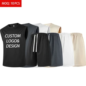 Wholesale Men Knitted Breathable Quick Dry Sleeveless T Shirt Set Summer Custom Logo Sports Fitness Loose Vest Shorts Two-Piece